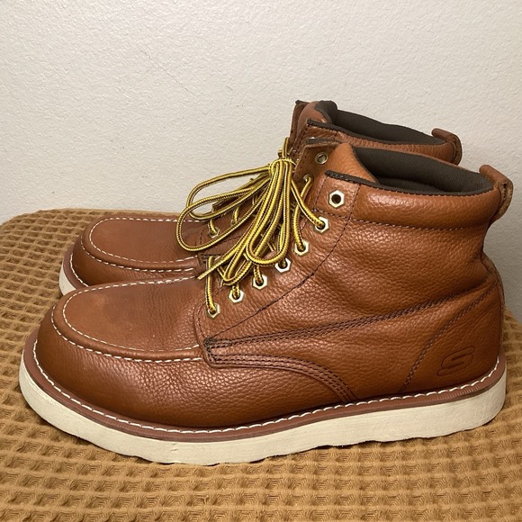 Skechers Work Boot Mens Sz 13 Brown Leather Moc Toe Leather Comfortable - Picture 1 of 9